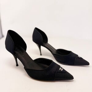 Chanel Black D’Orsay Heels Pointed Toe Kitten Heel Pumps with Silver CC Logo 41
